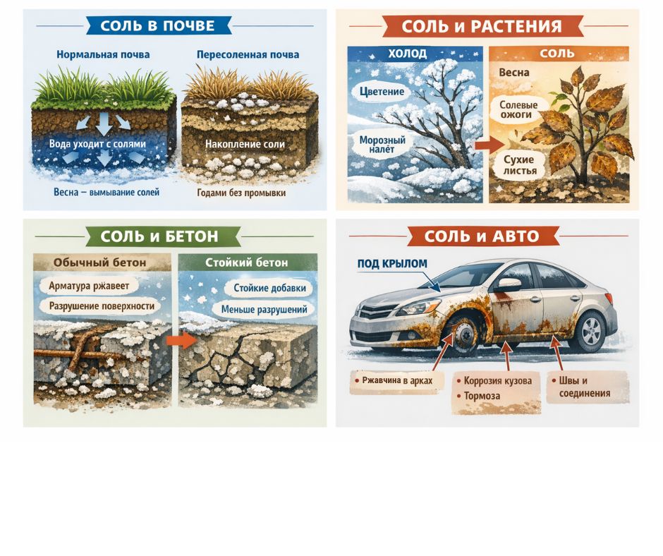 Соль, бетон, трава и металл: честный разговор о зимних реагентах Соль, бетон, трава и металл: честный разговор о зимних реагентах